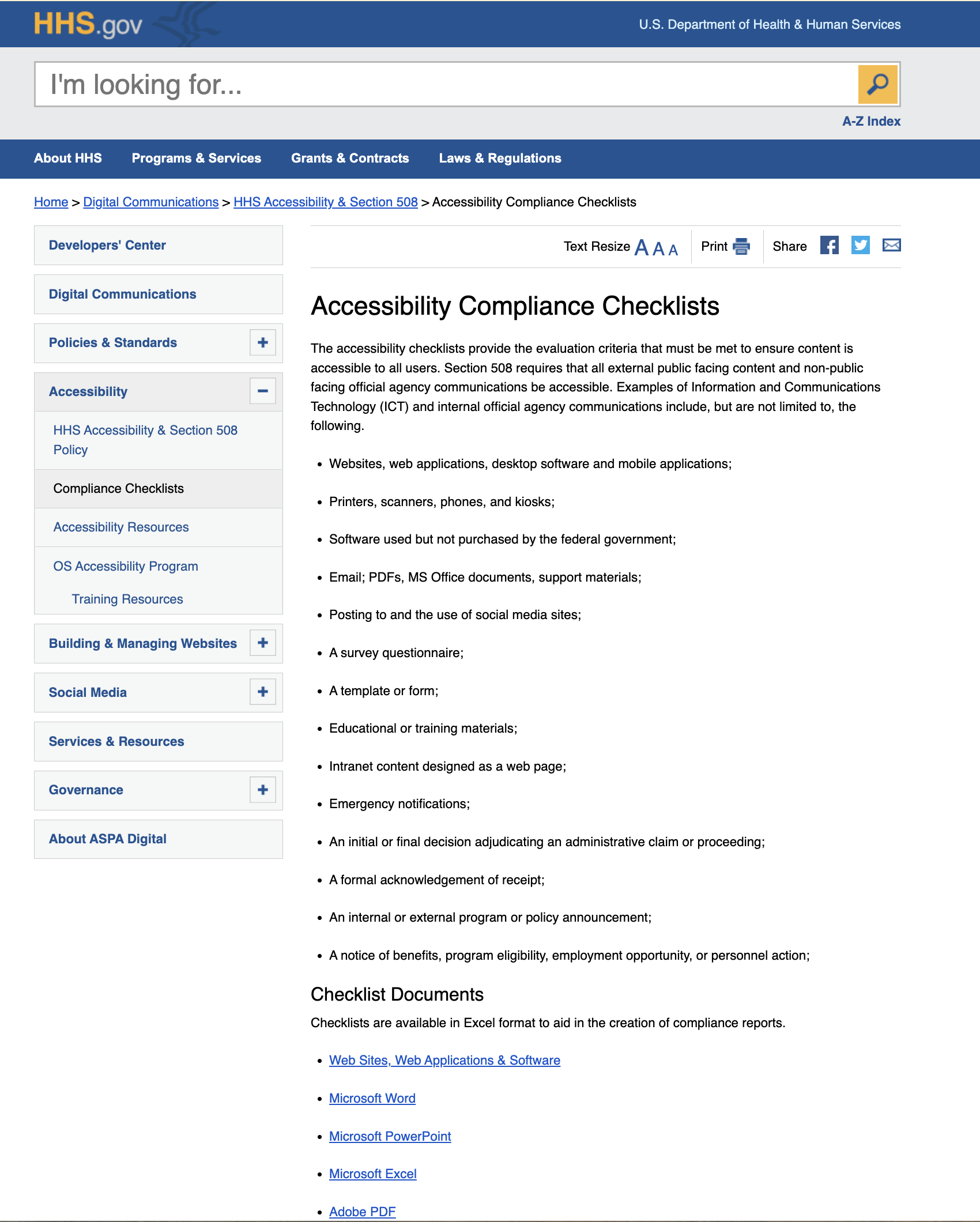 thumbnail of HHS.gov Accessibility Compliance Checklists webpage