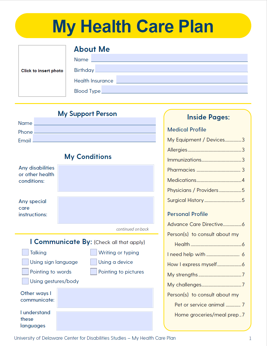 Thumbnail of the first page of the fillable My Health Care Plan document