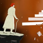 illustration of blind woman attempting to climb perilous steps