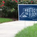 A yard sign reading Protect the Flock stands next to an empty sidewalk