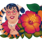 A crop of the Google Doodle honoring Stacey Park Milbern includes an illustration of Milbern with short dark hair, a red shirt, red glasses and red lips. A tiger tail curls around to form the G. The first O is a red and orange hibiscus flower.
