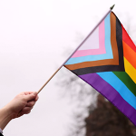 A Pride flag during a Transgender Day of Visibility event outside the Massachusetts statehouse in Boston on March 31.