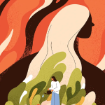 Illustration with a silhouette of a person with long flowing hair emerging from greenery. Smaller is a person with longer dark hair wearing a white shirt and blue pants watering the greenery with a watering can.