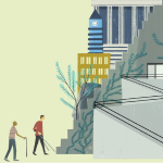 Illustration of college campus buildings and walkways. Two small people with canes approach a steep set of stairs.