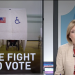 Still from video shows a New Hampshire voting booth and a PBS News Hour anchor. Text reads The Fight To Vote.