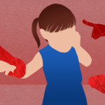 Illustration of a young child in blue being pulled by a red hand and arm on one side. Hands on the other side point to the child.