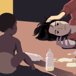 Illustration shows a person laying on the floor, distressed. Two baby bottles have spilled their contents. A baby in a diaper sits up in shadow.