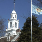 Delaware's Legislative Hall with Delaware flag