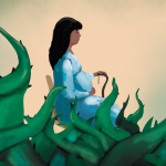 Illustration of a pregnant person with long hair and a cane sitting in a cluster of thorny plants.