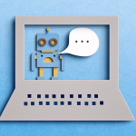 Illustration of a laptop with a vintage robot and speech bubble on the screen