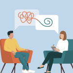 Illustration of two people facing each other while sitting in armchairs. Each has a speech bubble with a squiggle above their heads.