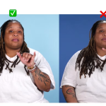 A split screen with two images of a person with medium-toned skin and braids. In one box, they sign like in ASL. In the other, they demonstrate the incorrect sign.