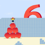 The digit 6 behind a wall of blocks. A child standing on six large apples peaks over the wall.