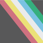 A portion of the Disability Pride flag. Muted diagonal stripes of red, yellow, white, blue and green on a grey field