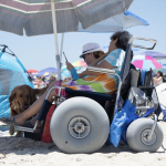 People on the beach with a dog. One person is in a beach wheelchair.